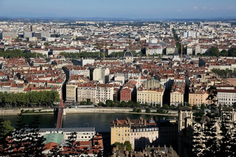 View from the Basilica of Notre-Dame de Fourviere to the city of Lyon, Auvergne-Rhone-Alpes,