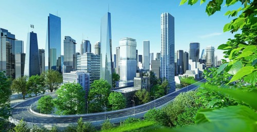 Virtual design green cityscape skyline with curvy highway road at beautiful daytime view. 3d