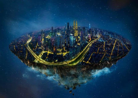 Fantasy island floating in the air with modern city skyline, Night scene