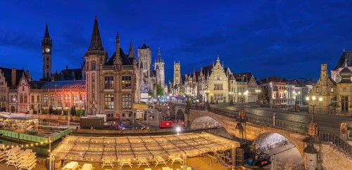 Ghent Belgium, panorama city skyline night at St Michael's Bridge (Sint-Michielsbrug) with Leie