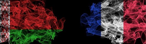 Flags of Belarus and France on Black background, Belarus vs France Smoke Flags