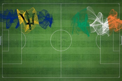 Barbados vs Ireland Soccer Match, national colors, national flags, soccer field, football game,