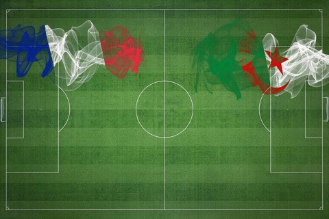 France vs Algeria Soccer Match, national colors, national flags, soccer field, football game,