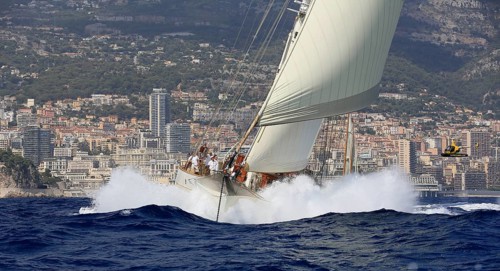 90-year-old sailing yacht Three-masted topsail schooner XARIFA sails during Monaco Classic Week.