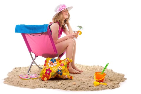Beach with pink chair and woman isolated over white background