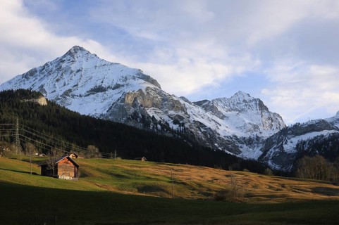 Green meadow and snow covered mountains Spitzhorn and Arpelistock