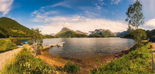 Panorama, rest area, mountains, lake, fjord, Svartisen, glacier, Svartisen Gard, Norway, Europe