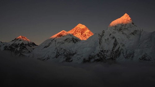 Mount Everest and Nuptse at sunset, view from Kala Patthar, Nepal, Asia