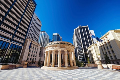 BRISBANE, AUSTRALIA, JULY 29 2023: ANZAC Square and memorial parklands on a warm winter's morning