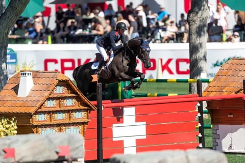 Ben Maher of Great Britain, riding Exit Remo competes in the BMO Nations Cup during the CSIO Spruce