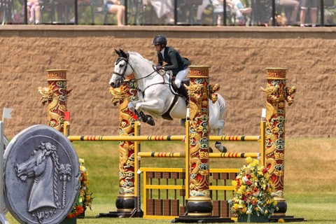 Hillary Scott of Australia riding Oaks Milky Way, compete in the 1.60m Grand Prix during The