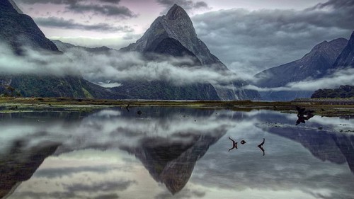 Milford Sound, fog, reflection, lake, South Island, mountains, New Zealand, Milford Sound, South