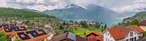 Spiez Switzerland, panorama city skyline at Lake Thun (Thunersee)