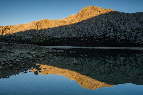 Gorg Blau reservoir, sunrise lighting, Puig de Ses Vinyes and Puig Major, Escorca, Majorca,