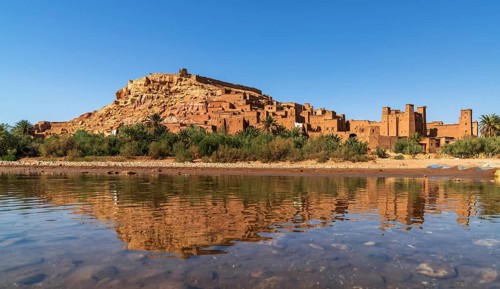 Ait Benhaddou, Morocco, 14 March, 2024: panorama landscape of Ait Benhaddou village with