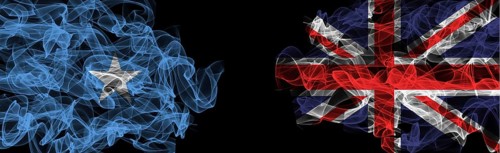 Flags of Somalia and United Kingdom on Black background, Somalia vs United Kingdom Smoke Flags