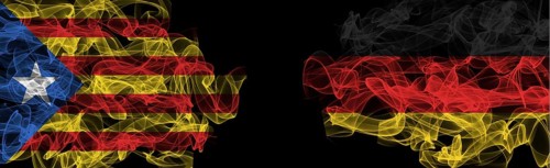 Flags of Catalonia and Germany on Black background, Catalonia vs Germany Smoke Flags