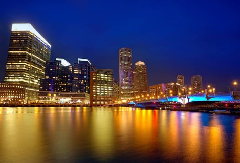 Boston sunset skyline from Fan Pier in Massachusetts USA