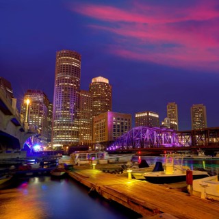 Boston sunset skyline from Fan Pier in Massachusetts USA