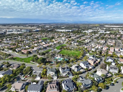 Aerial view of large-scale villa in wealthy residential town of Carlsbad, South California, USA.