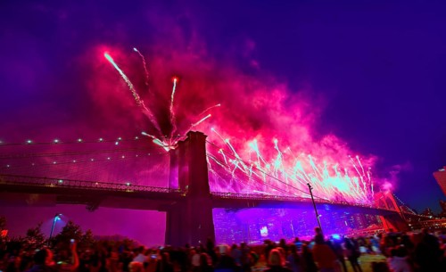 July 4th 2014 fireworks at Brooklyn bridge Manhattan skyline New York USA