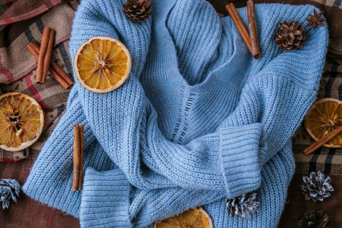 Blue sweater and cinnamon sticks and anise star. Dry slices of citrus orange and cones. Hot winter