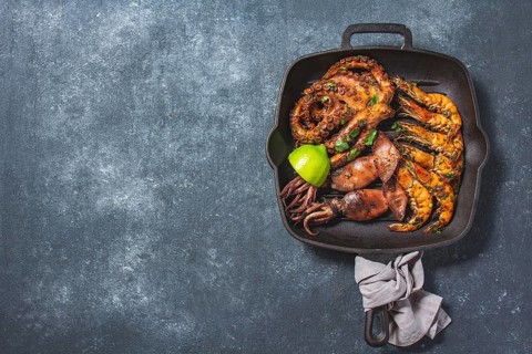 Food, Food, Grilled spimps, squids and octopus in cast iron grill pan