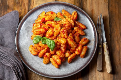 Food, Food, Traditional Italian potato Gnocchi with tomato sauce and fresh basil on blue plate on
