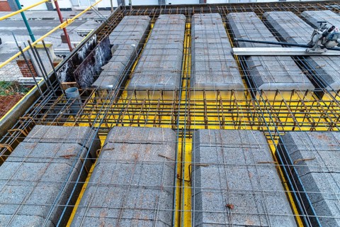 Detail of reinforced concrete slab with lightweight concrete blocks under construction