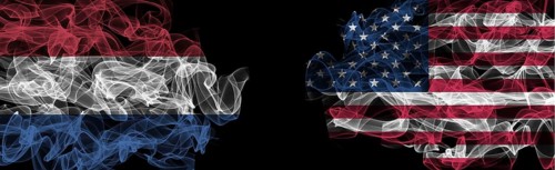 Flags of Netherlands and USA on Black background, Netherlands vs USA Smoke Flags