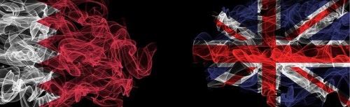 Flags of Bahrain and the United Kingdom on a black background, Bahrain vs United Kingdom Smoke