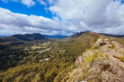 Iconic views from Chatauqua Peak over Halls Gap and surrounds on a warm autumn sunny day in
