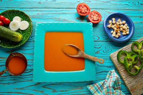 Gazpacho andaluz is a fresh tomato soup and vegetables of Andalusian Spain