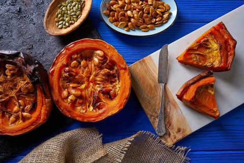 Roasted pumpkin recipe in vintage oven board