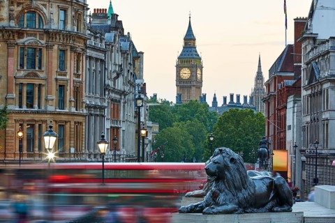 London Trafalgar Square lion and Big Ben tower at background