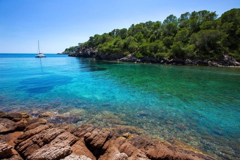 Ibiza Cala Mestella Mastella in Santa Eulalia del Rio at Balearic islands
