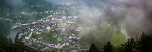 Bouillon, Belgium, 04th of August 2023: High angle viewpoint on the city of Bouillon in the