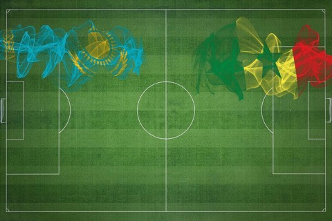 Kazakhstan vs Senegal Soccer Match, national colors, national flags, soccer field, football game,
