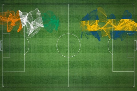 Ivory Coast vs Sweden Soccer Match, national colors, national flags, soccer field, football game,