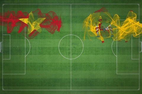 Vietnam vs Spain Soccer Match, national colors, national flags, soccer field, football game,