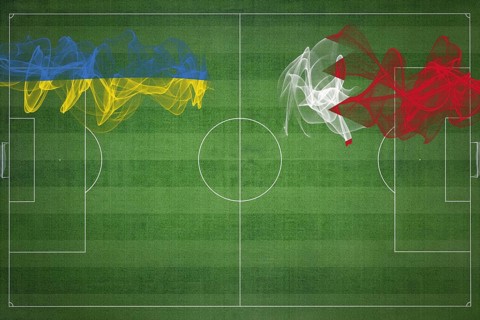 Ukraine vs Bahrain Soccer Match, national colors, national flags, soccer field, football game,