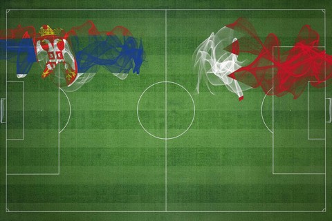 Serbia vs Bahrain Soccer Match, national colors, national flags, soccer field, football game,