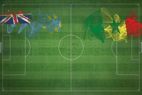 Tuvalu vs Senegal Soccer Match, national colors, national flags, soccer field, football game,