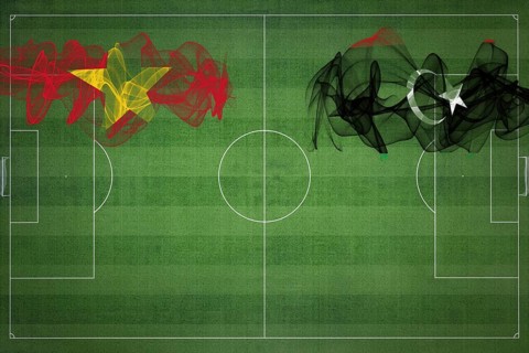Vietnam vs Libya Soccer Match, national colors, national flags, soccer field, football game,