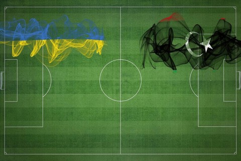 Ukraine vs Libya Soccer Match, national colors, national flags, soccer field, football game,