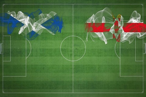 Scotland vs Northern Ireland Soccer Match, national colors, national flags, soccer field, football