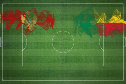 Montenegro vs Benin Soccer Match, national colors, national flags, soccer field, football game,