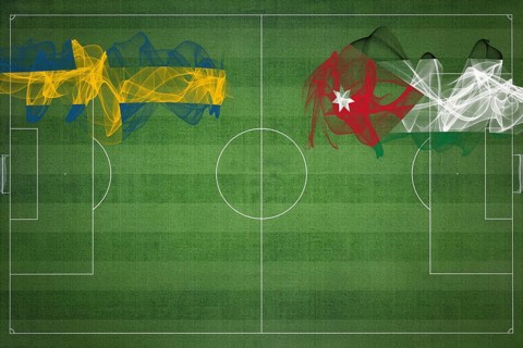 Sweden vs Jordan Soccer Match, national colors, national flags, soccer field, football game,