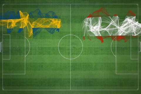 Sweden vs Austria Soccer Match, national colors, national flags, soccer field, football game,