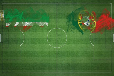 Chechnya vs Portugal Soccer Match, national colors, national flags, soccer field, football game,